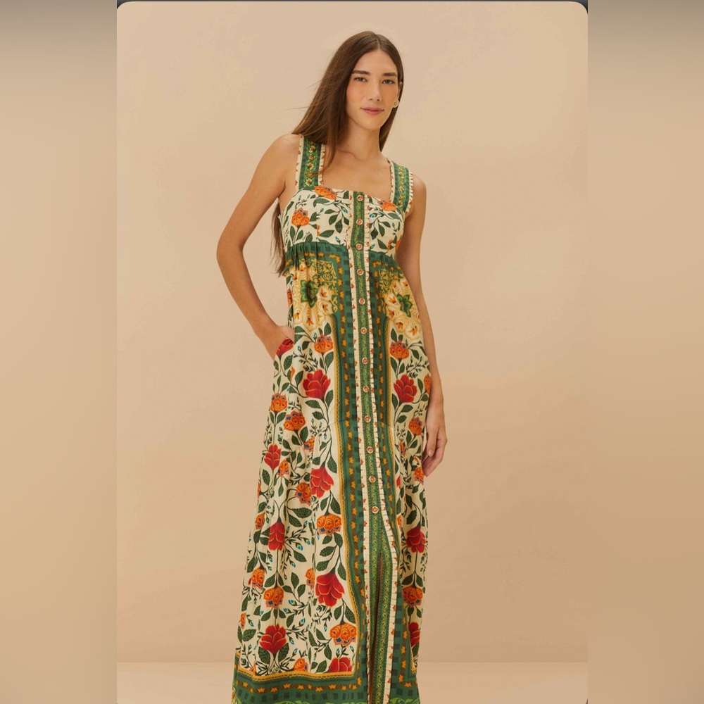 Farm Rio Sand Garden Tapestry Back Bow Maxi Dress